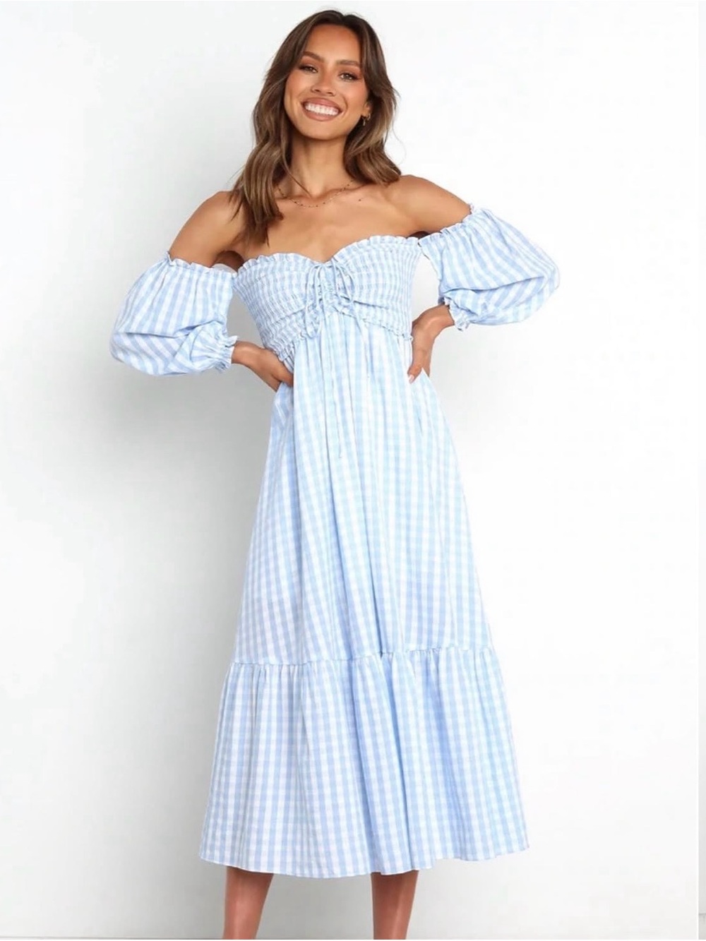 Petal & Pup Light Blue Gingham One-Shoulder Midi Dress